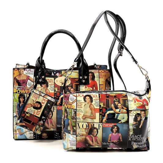 AMY&JOEY Glossy magazine cover collage crossbody bag purses Michelle Obama mini handbag (MULTI/BLACK) Fashion AMY&JOEY