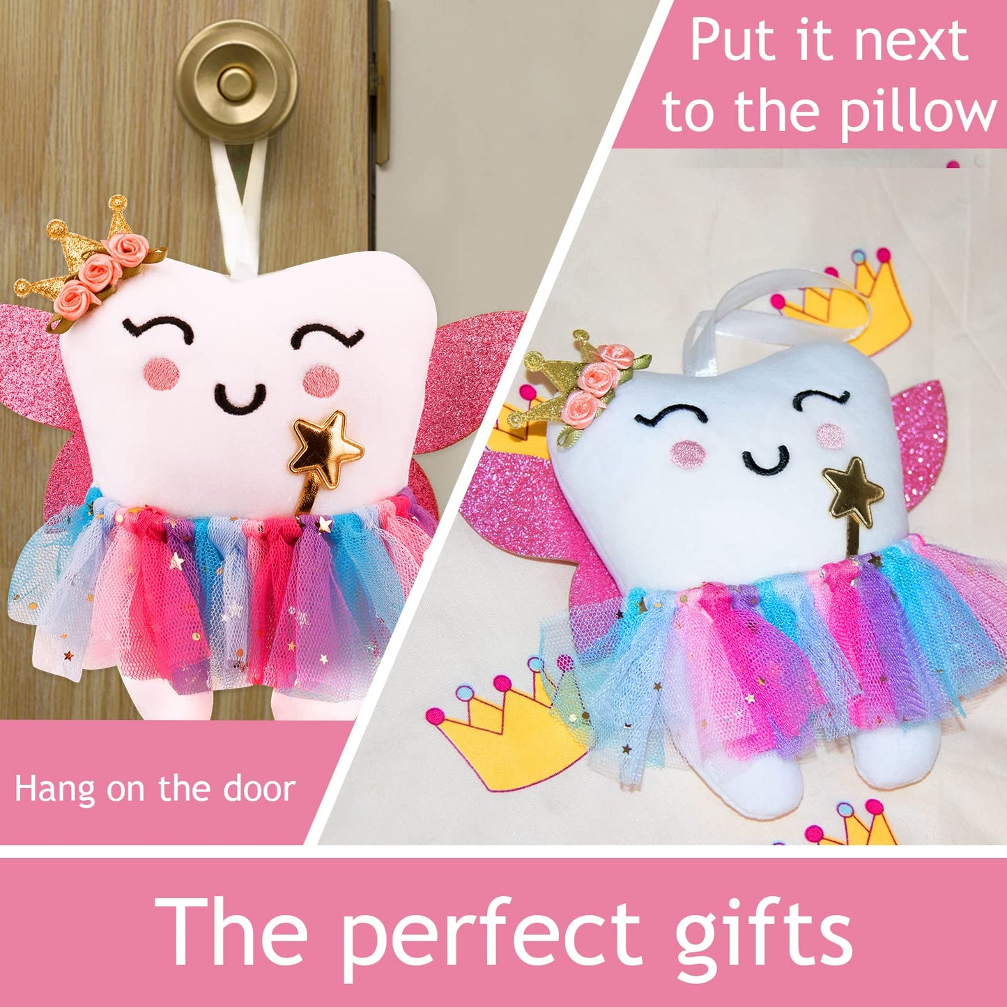 SQIMZAR Tooth Fairy Pillow,Tooth Fairy Plush Dolls Gifts for Girls with Pocket and Glittering Wings