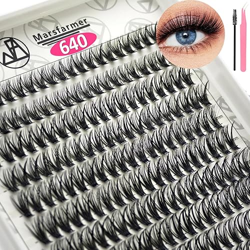 Marsfarmer 640pcs Individual Cluster Lashes Kit - False Eyelashes 9-16mm 40D+50D D Curl with Lash Cluster Applicator Tweezer, Reusable