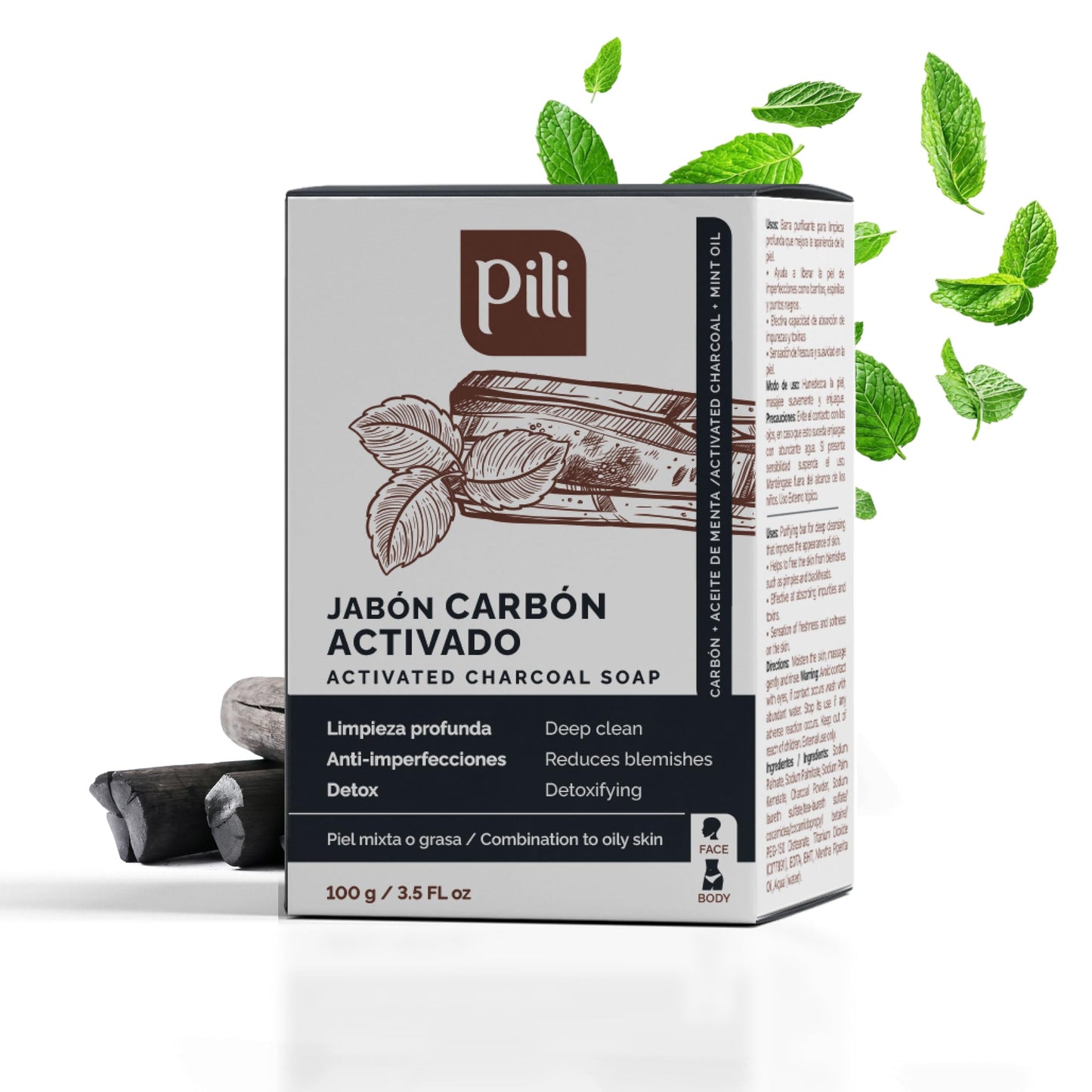 Pili Natural Activated Charcoal Detoxifying Soap Bars with Peppermint Oil (3 Pack) for Face and Body for Men, Women and Teens