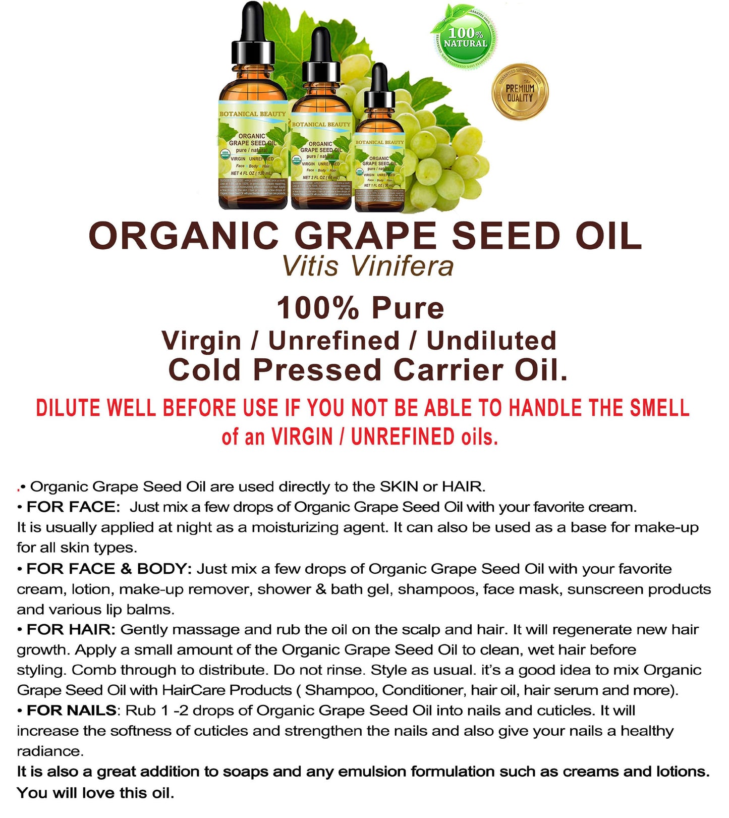 Botanical Beauty Organic GRAPE SEED OIL 100% Pure Natural VIRGIN UNREFINED Cold-Pressed Carrier Oil for Face, Skin, Body, Hair, Lip, Nails, Massage
