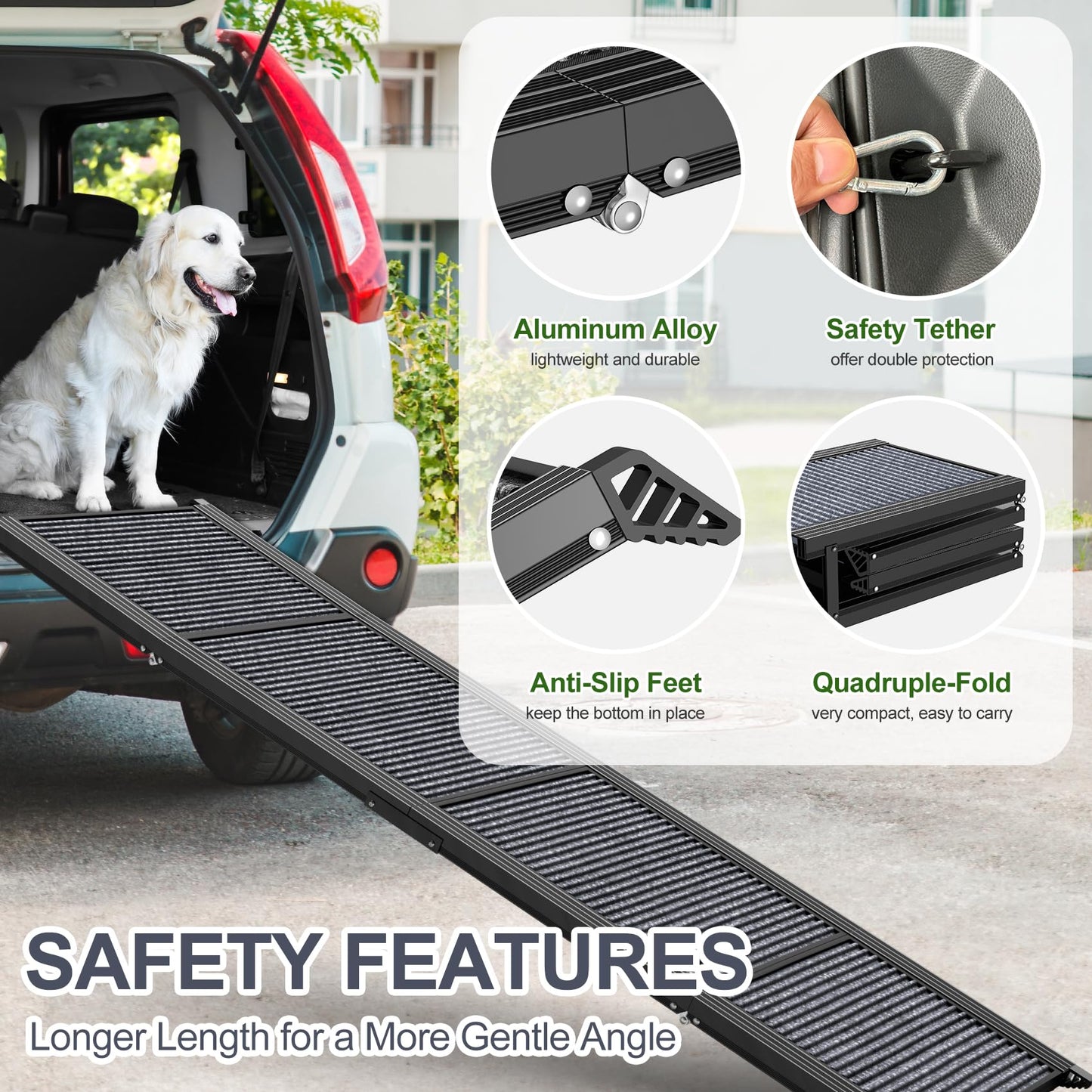 HerCcreta Wigge 63" Portable Dog Ramp – Non-Slip Rug Surface, Folding Car Ramp for Large Dogs, SUVs, Trucks – Supports up to 250 lbs