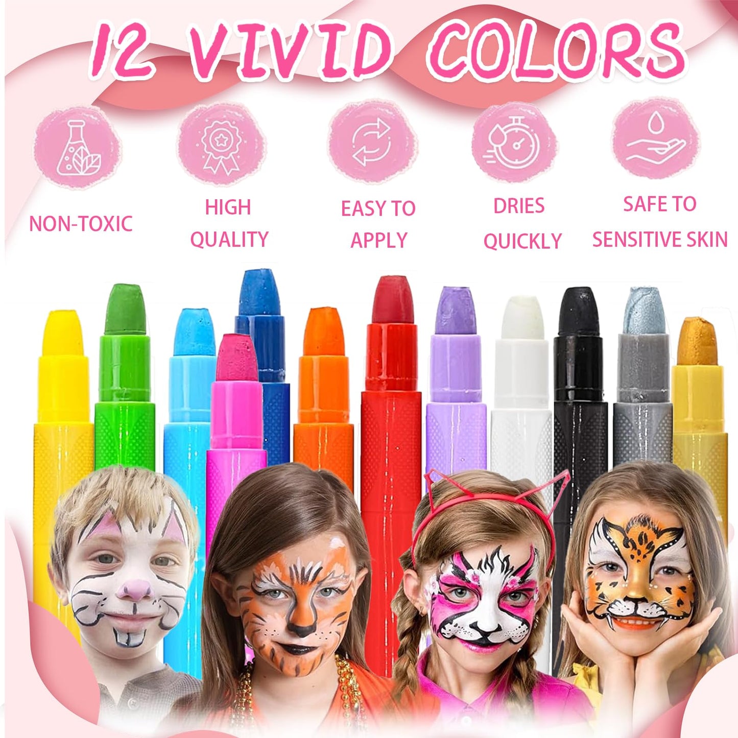 Face Painting Kit for Kids, 12 Colors Kids Face Paint Crayons, Non-Toxic and Safe Washable Body Face Painting Kit for Halloween, Cosplay, Easter