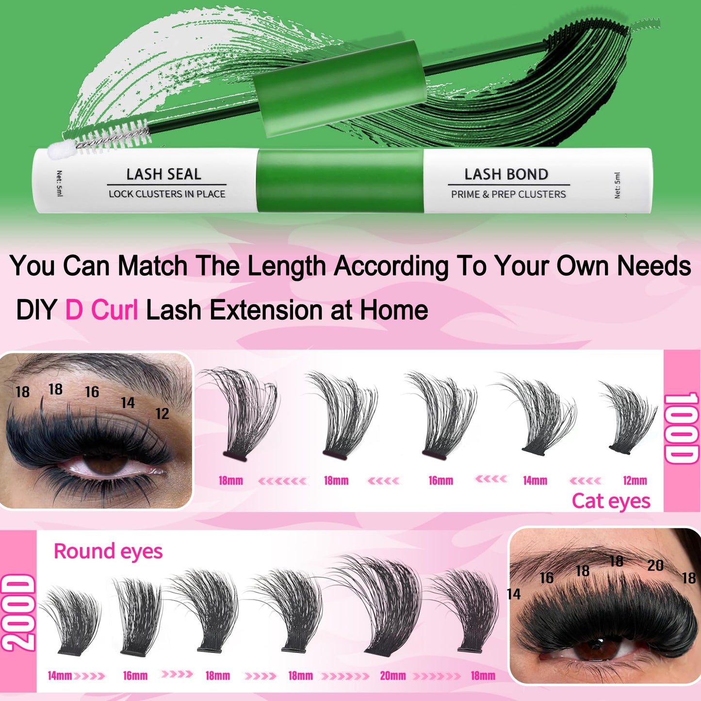 Lash Clusters Kit 100D+200D Mega Lashes Clusters 12-22mm Wispy Individual Thick Volume Eyelash Extensions 280Pcs with Bond and Seal Waterproof DIY Beauty and Personal Care Hushlibaby