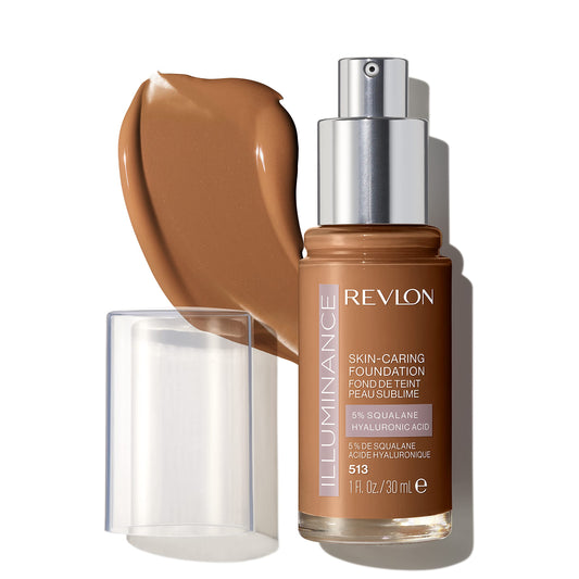 Revlon Illuminance Skin-Caring Liquid Foundation, Hyaluronic Acid, Hydrating and Nourishing Formula with Medium Coverage, 513 Brown Suede, 1 fl oz