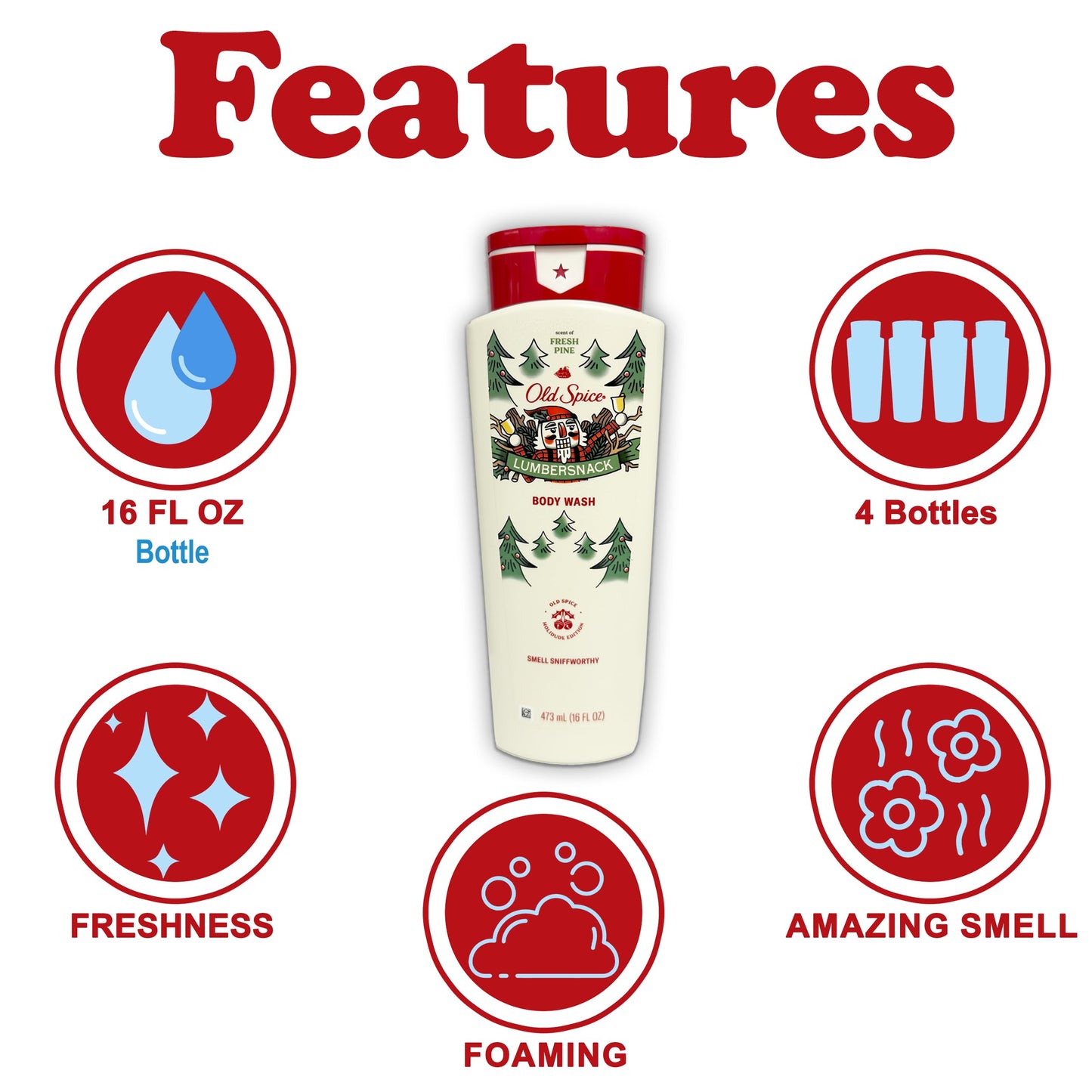 Old Spice Body Wash for Men, 4 Pack, Limited Edition Lumbersnack Pine Tree Scent, Hydrating Formula for Smooth Skin, 24/7 Long Lasting Freshness, 16