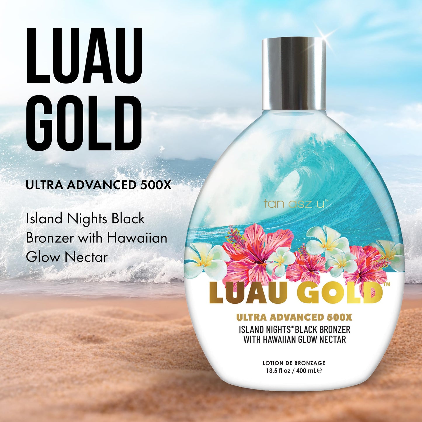 Tan Asz U Luau Gold Tanning Lotion, 500X Ultra Advanced Island Nights Black Bronzer Tanning Lotion with Hawaiian Glow Nectar, Peptides & Ceramides