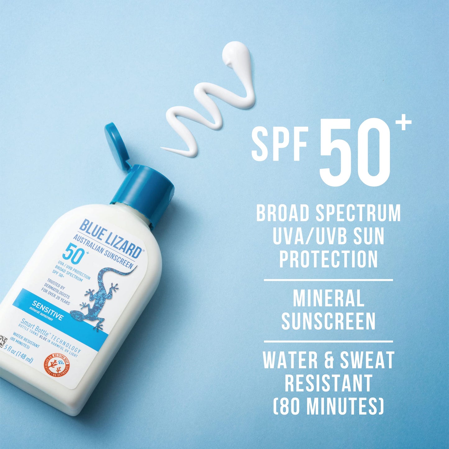 BLUE LIZARD Sensitive Mineral Sunscreen with Zinc Oxide, SPF 50+, Water Resistant, UVA/UVB Protection with Smart Bottle Technology - Fragrance Free, 5