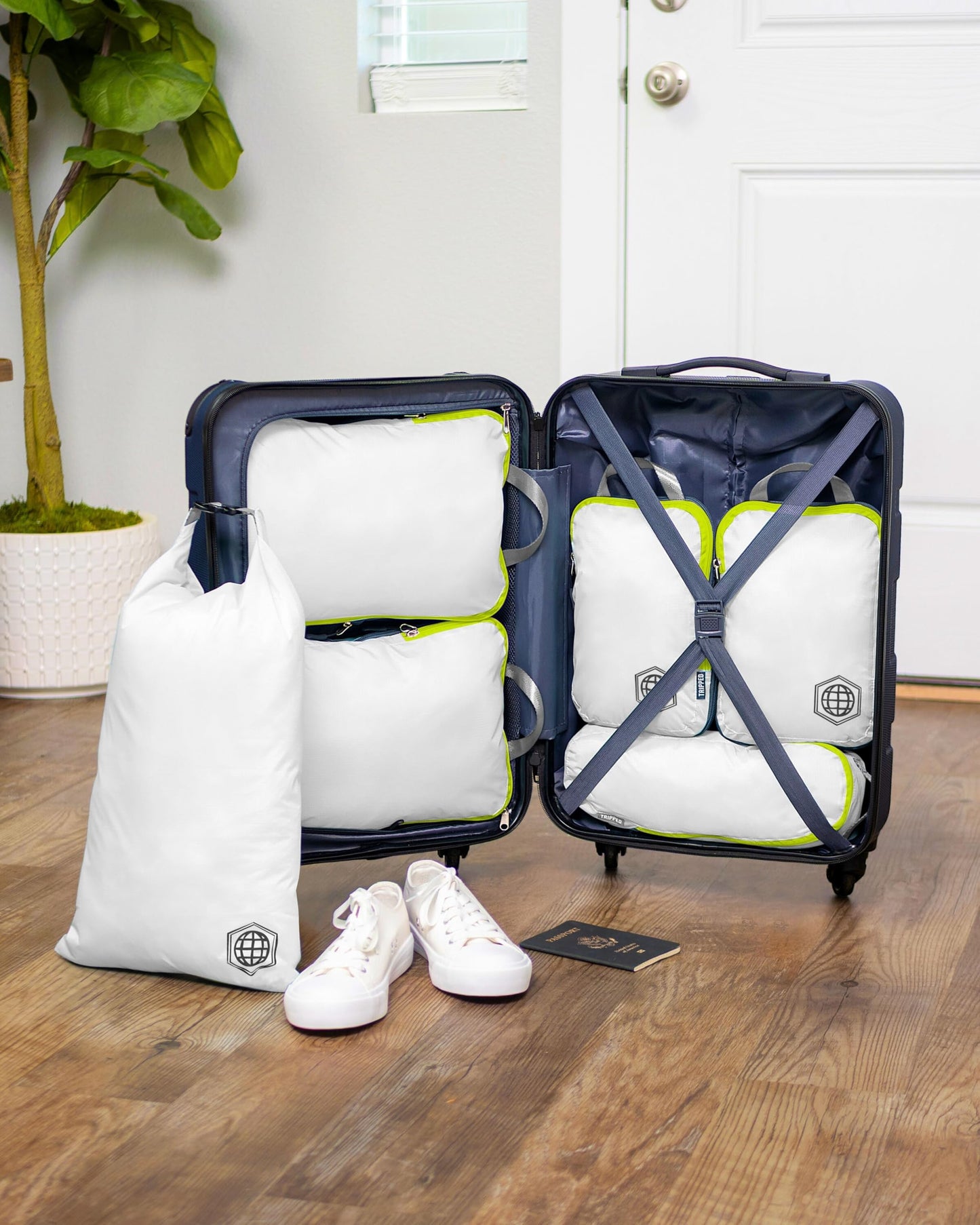 Compression Packing Cubes 6 Piece Set for Travel - Lightweight, Durable Clothes Organizer for Carry-On Luggage and Backpacks by TRIPPED Travel Gear (White and Green)