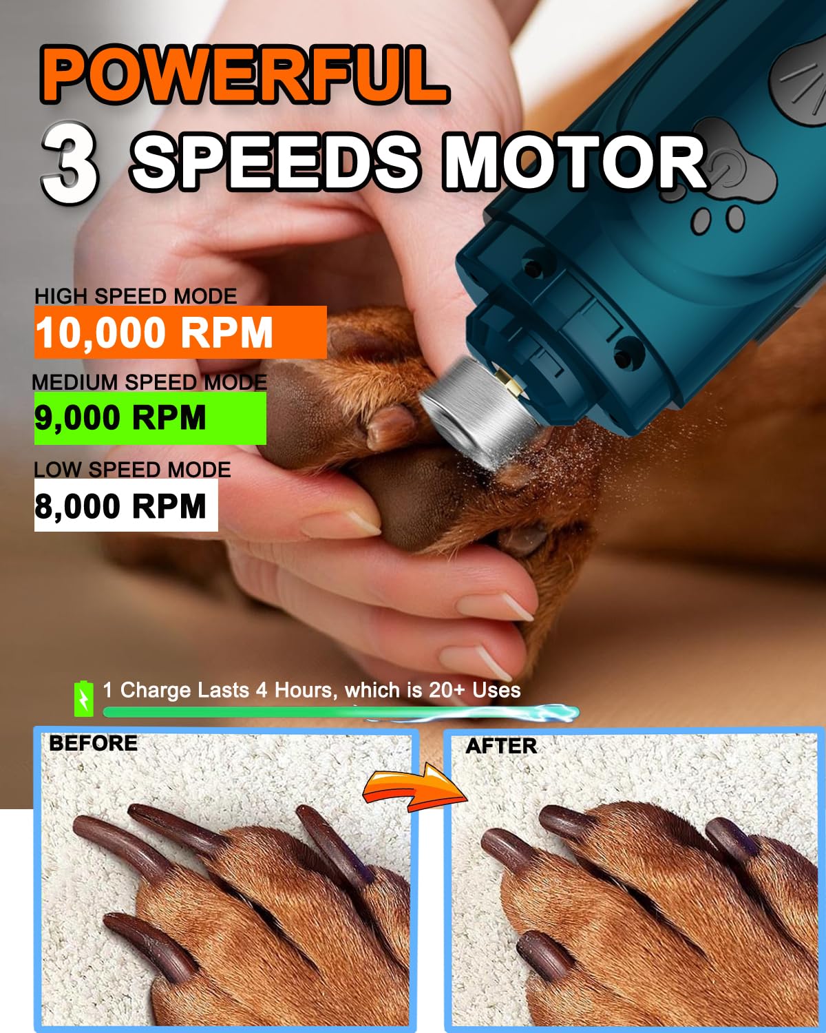 Dog Nail Trimmers and Dog Nail Clippers Kit, Whisper Quiet Electric Grinder with Light, for Small, Medium, Large Dogs, Cats Toenail Grooming, 3 Speed
