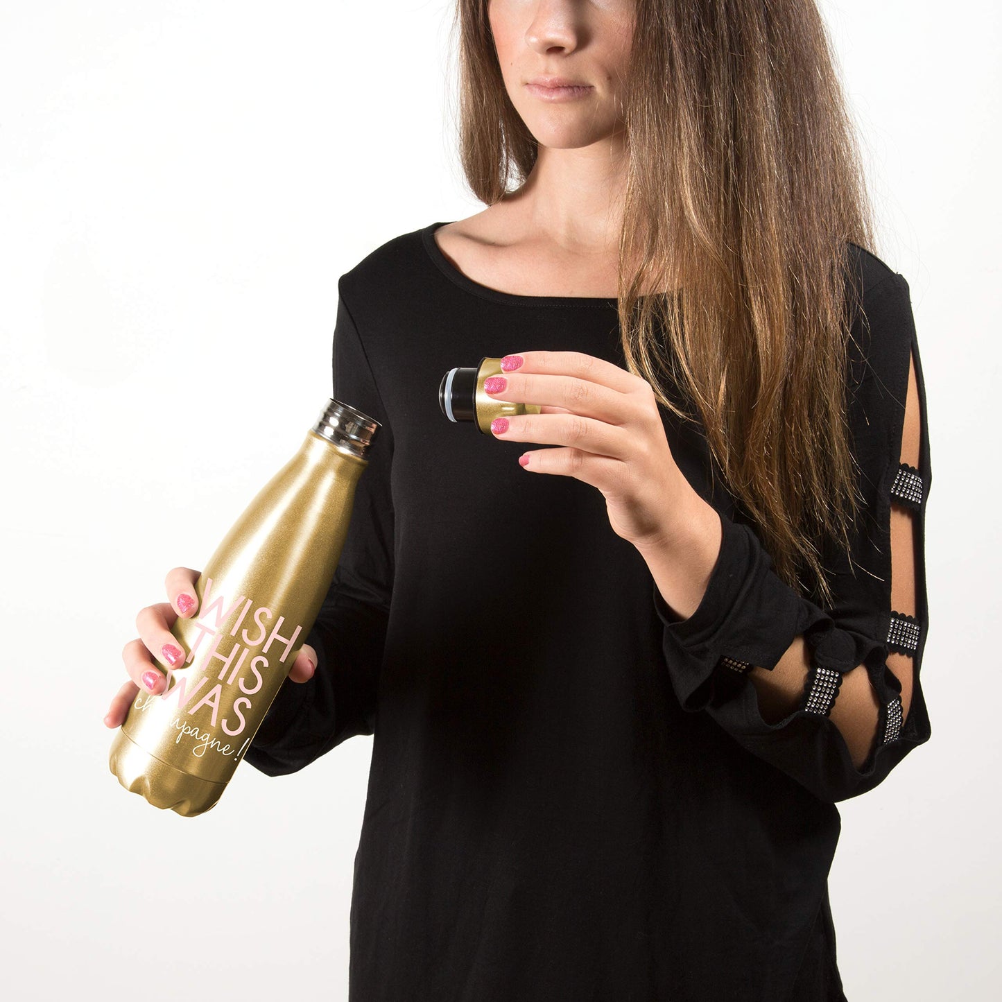 Pavilion Gift Company Champagne-18 oz Stainless Steel Water Bottle, 18 OZ, Gold, Pink, White