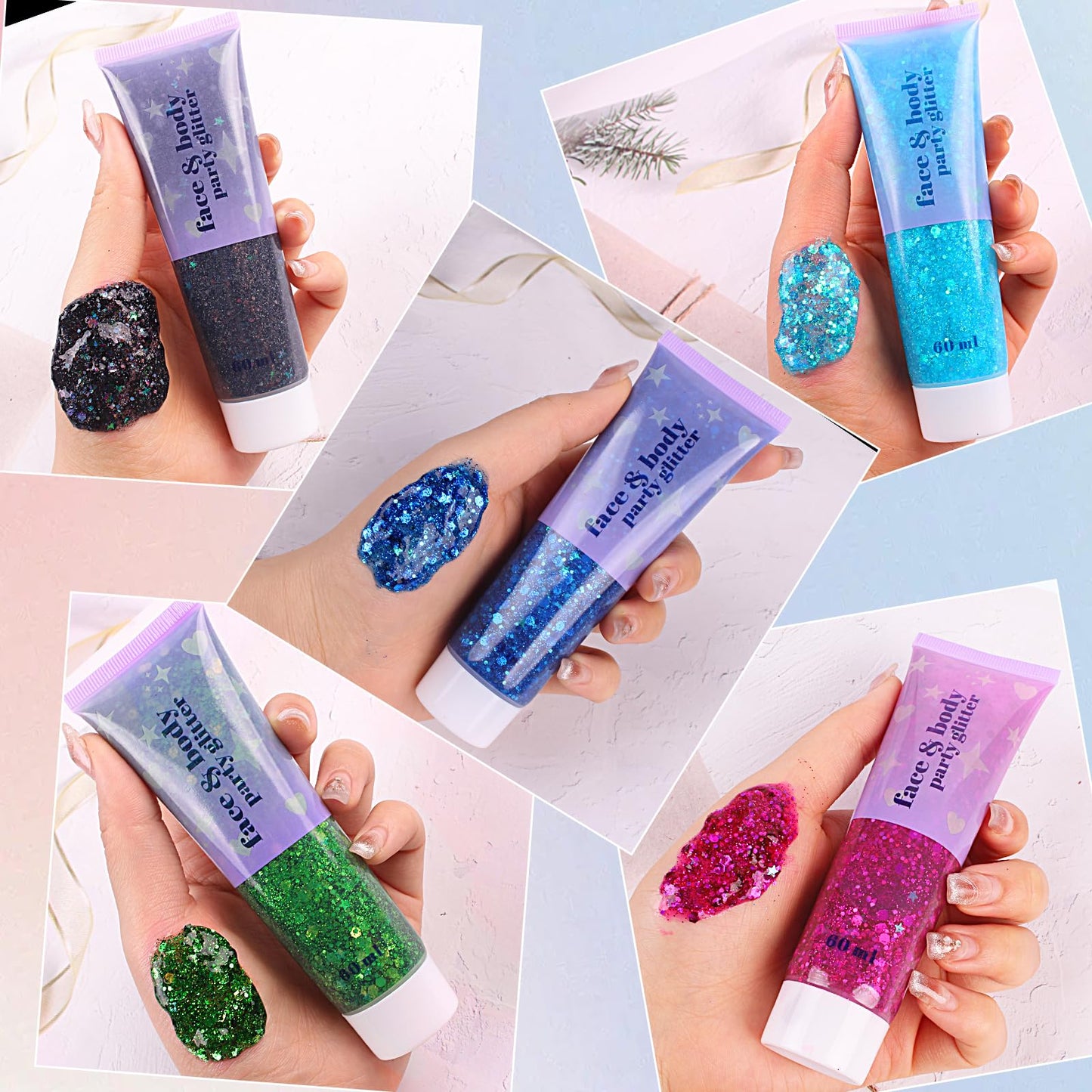 ANGXILIN High Capacity 60+60ML Chunky and Fine Mixed Face Body Glitter with Gel for Singer Concerts Rave Party Makeup,Quick Dry and Long Lasting