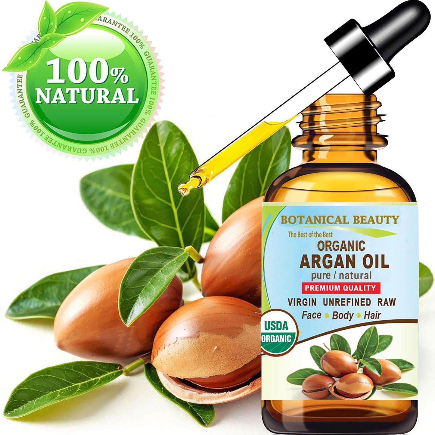 Botanical Beauty Organic ARGAN OIL 100% Pure Natural VIRGIN UNREFINED Cold-Pressed Carrier Oil for Face, Skin, Body, Hair, Lip, Nails. Rich in Vitamin