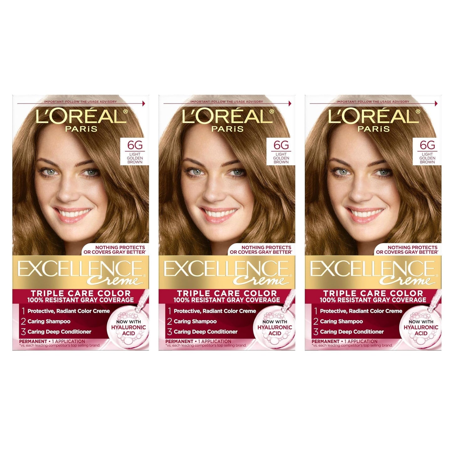 L'Oreal Paris Excellence Creme Triple Protection Hair Color, [6G] Light Golden Brown 1 ea (Pack of 3) Beauty & Personal Care L'Oreal Paris