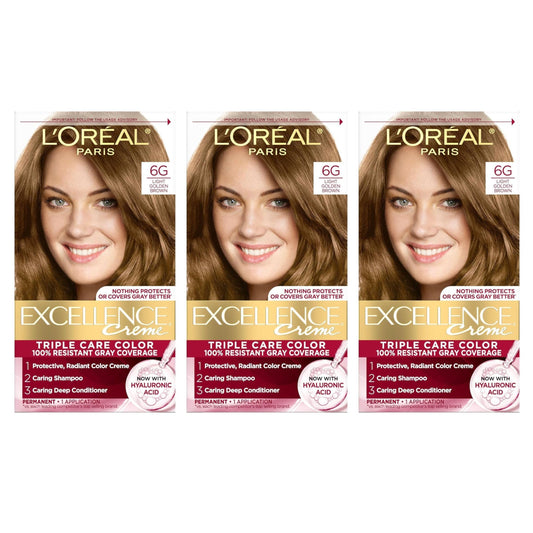 L'Oreal Paris Excellence Creme Triple Protection Hair Color, [6G] Light Golden Brown 1 ea (Pack of 3) Beauty & Personal Care L'Oreal Paris