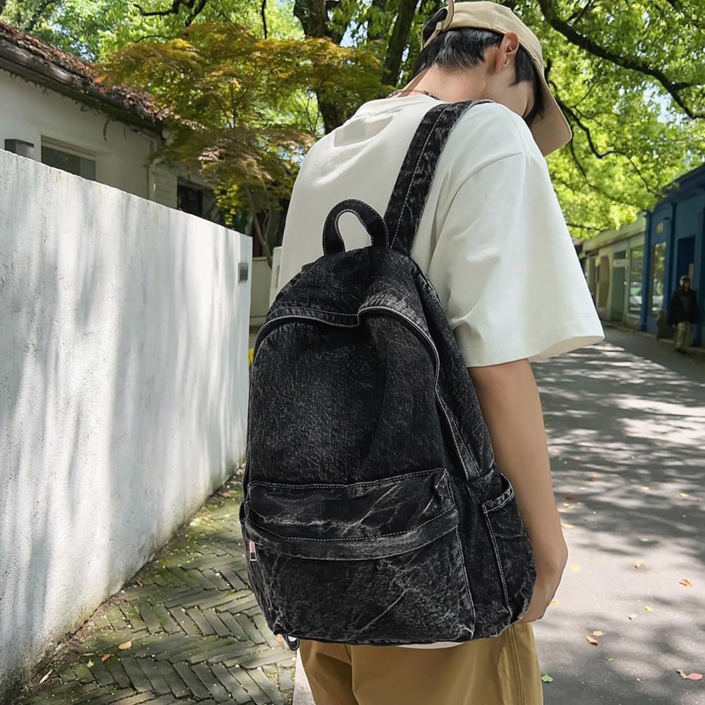 Dybag Vintage Denim Unisex Backpack, Multi-Pockets, Retro, Sturdy, Travel (Black)