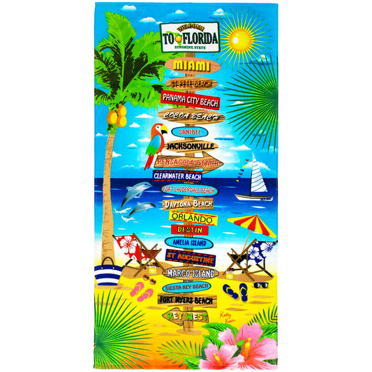Florida Beach Towel 30 x 60 inch 100% Cotton (1 Towel 30" x 60", Florida Signs)