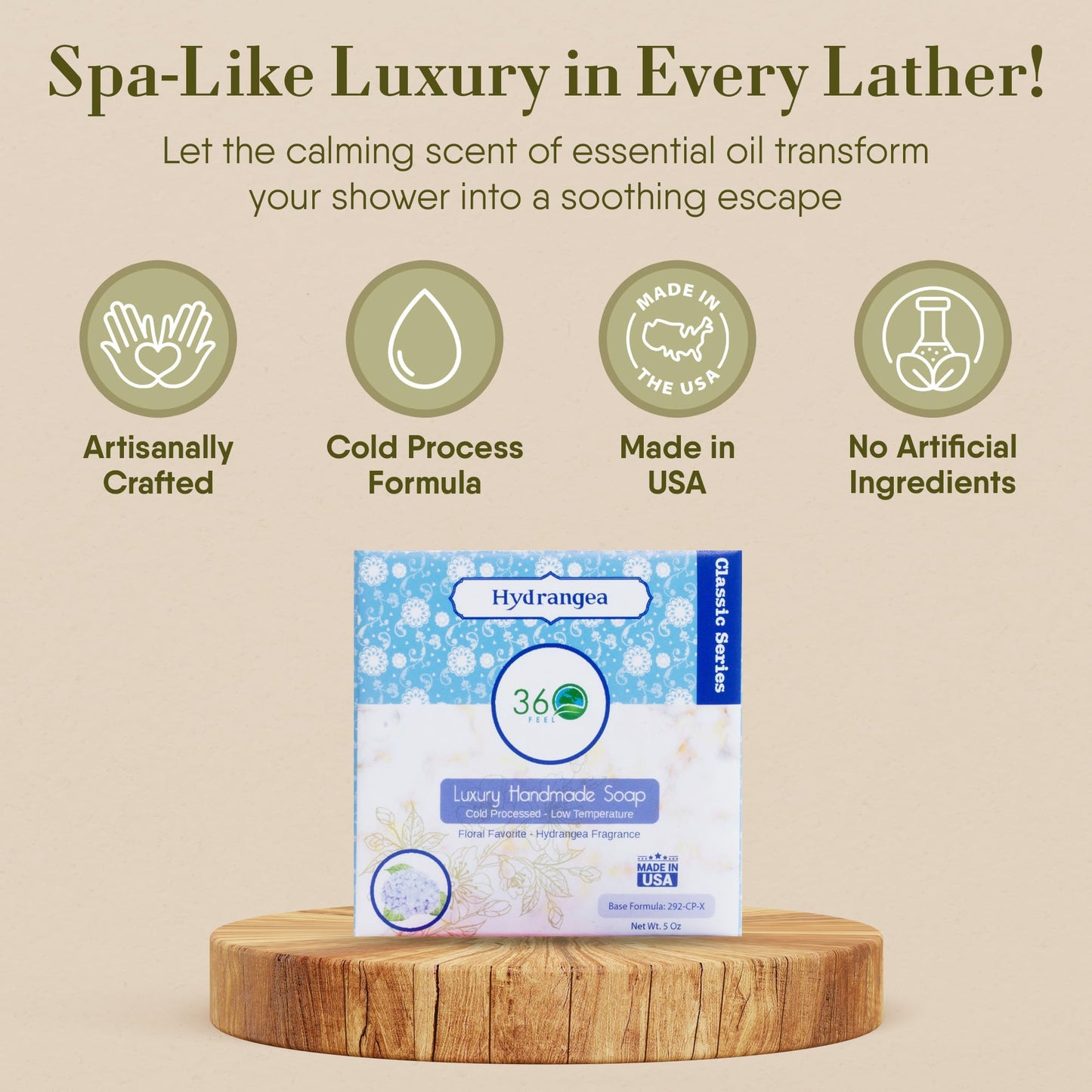 360Feel Hydrangea Soap - Made in The USA - Castile Handmade All Natural Cold Processed - Infused with Hydrangea Scent for Gentle Cleanse & Rich