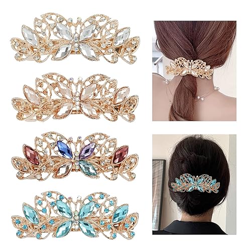 Lawie 4 Pack Luxury Butterfly Jeweled Crystal Rhinestone Glitter Sparkly Metal Hair Barrettes Snap Clips Hairpins Hairgrip Thin Thick Bun Twist Holder