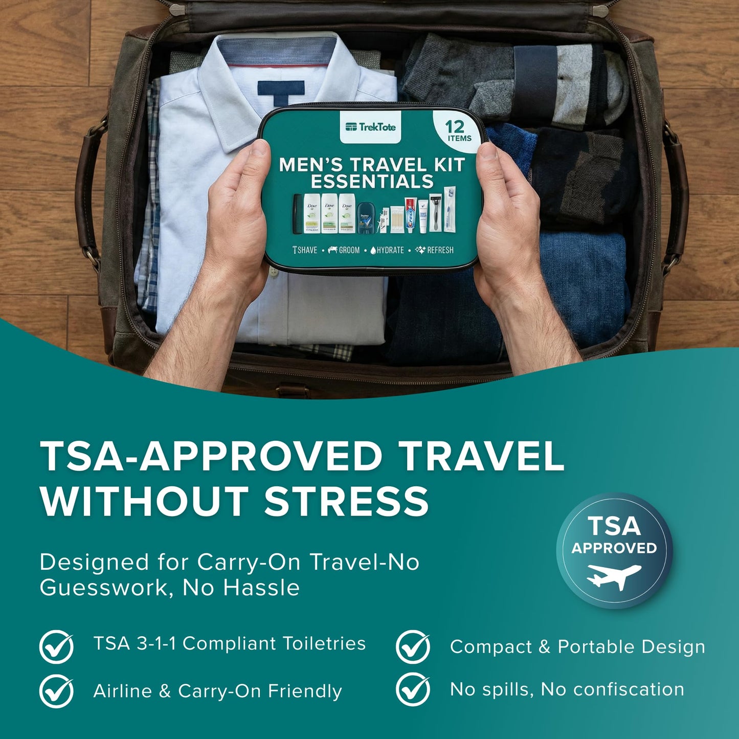 TrekTote 12-Piece Men’s Travel Toiletry Kit - Premium Brand-Name Shampoo, Conditioner, Body Wash, Shaving Cream & Deodorant, TSA Approved Travel Size Beauty and Personal Care Stuhrling Bottle