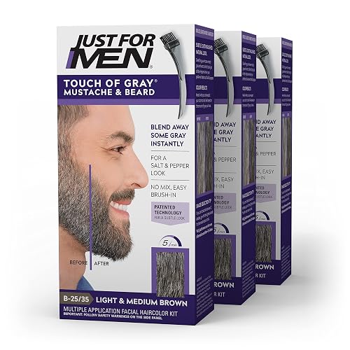 Just For Men Touch of Gray Mustache & Beard, Beard Coloring for Gray Hair with Brush Included for Easy Application, Light & Medium Brown B-25/35, Pack
