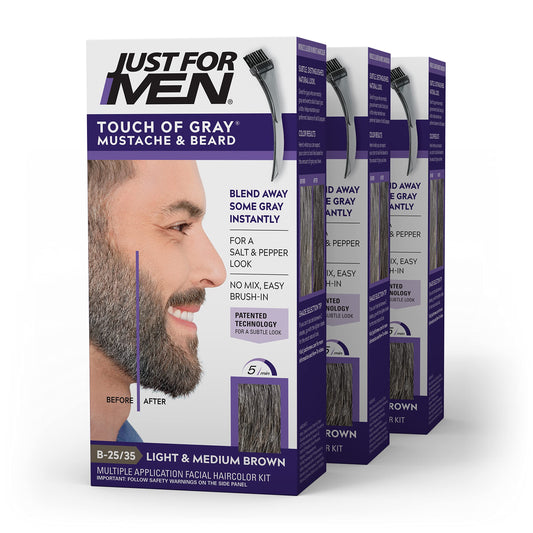 Just For Men Touch of Gray Mustache & Beard, Beard Coloring for Gray Hair with Brush Included for Easy Application, Light & Medium Brown B-25/35, Pack