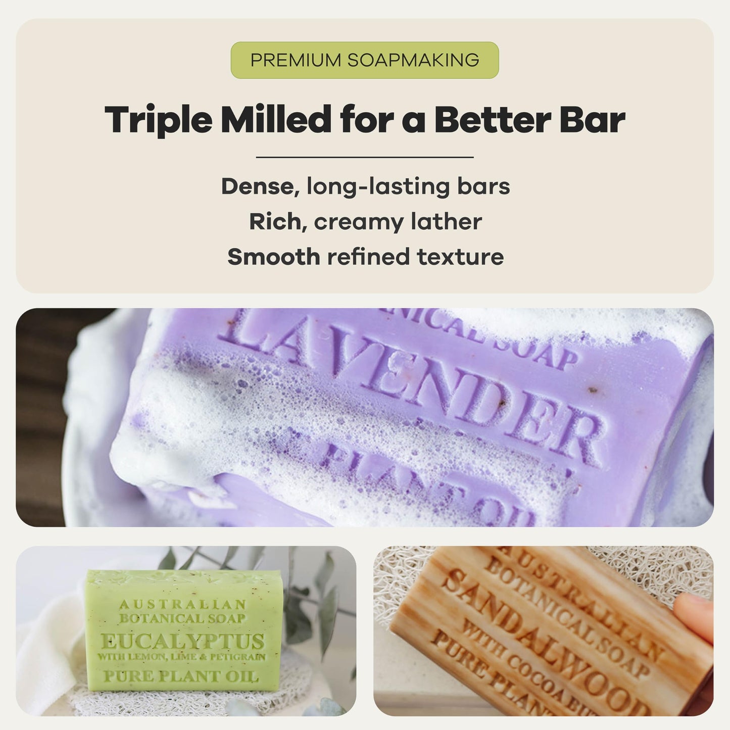 Australian Botanical Soap Essential Medley 4 Bar Variety Pack - Eucalyptus, Sandalwood, Lavender & Tea Tree, Triple Milled 6.6 oz Bars with Shea Beauty and Personal Care Australian Botanical Soap