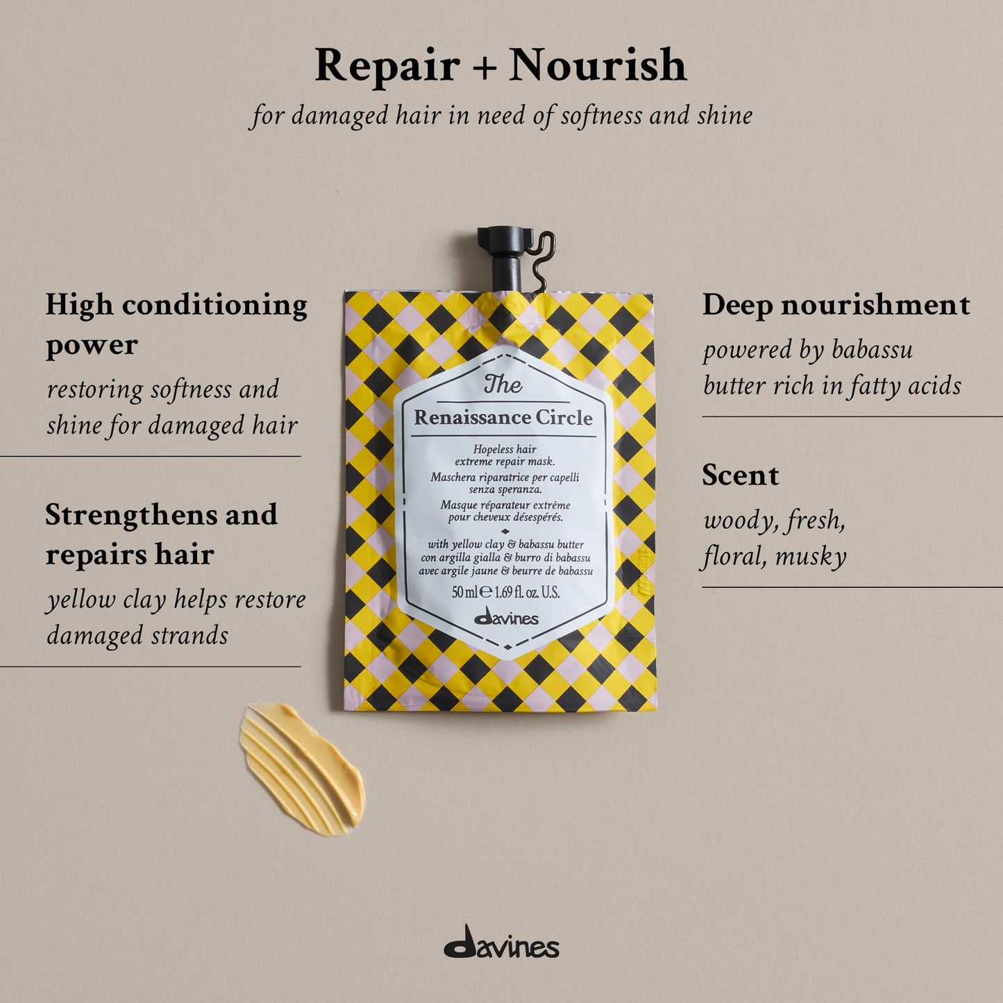 Davines The Renaissance Circle Hair Mask, Repairing Treatment for Extremely Damaged Hair - Restores Structure & Softness with Babassu Butter & Yellow Beauty and Personal Care Davines