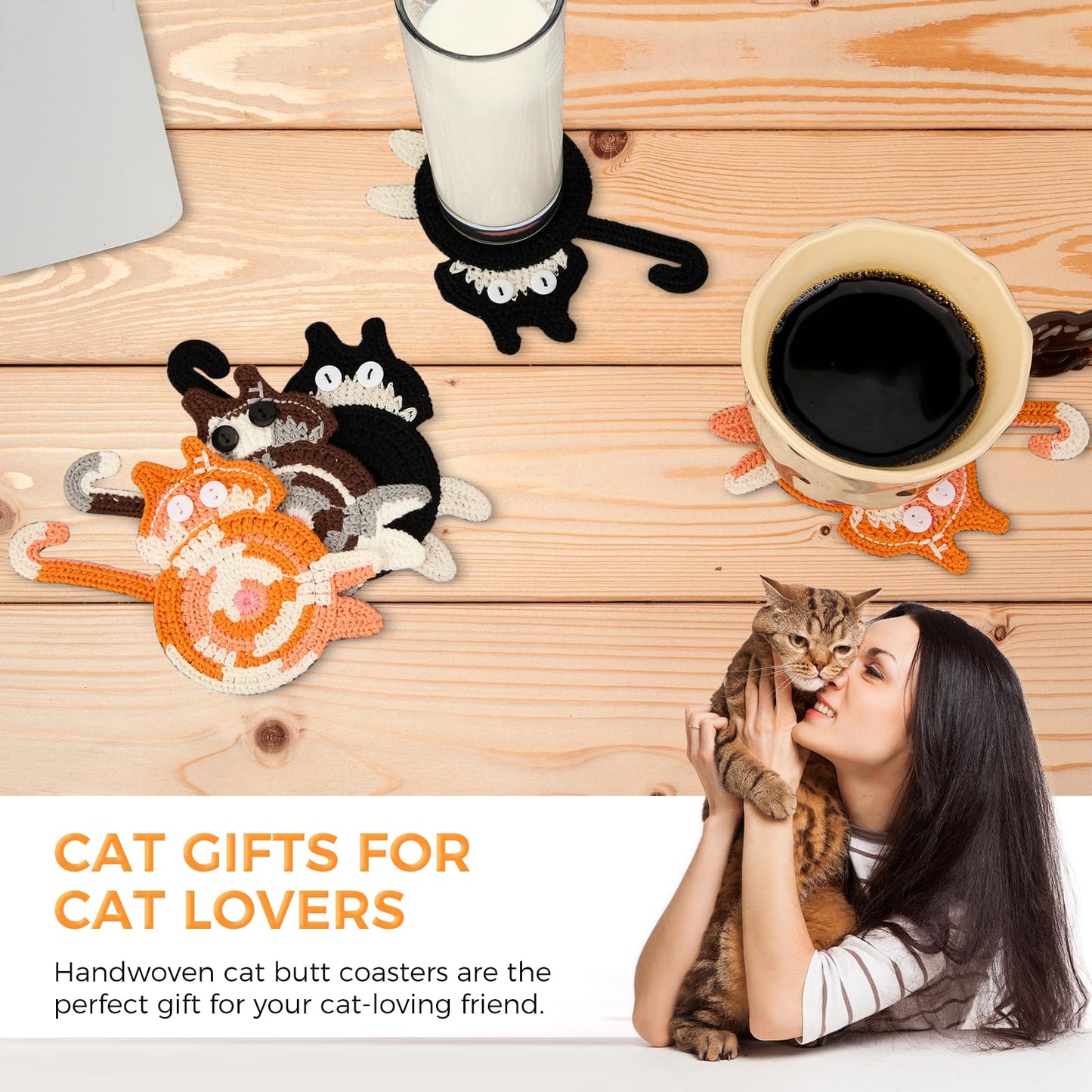 Cat-Themed Drink Coasters – Fun Woven Creative Set for Cat Lovers, Cute Coffee Coasters for Home Decor & Table Protection, 3PC