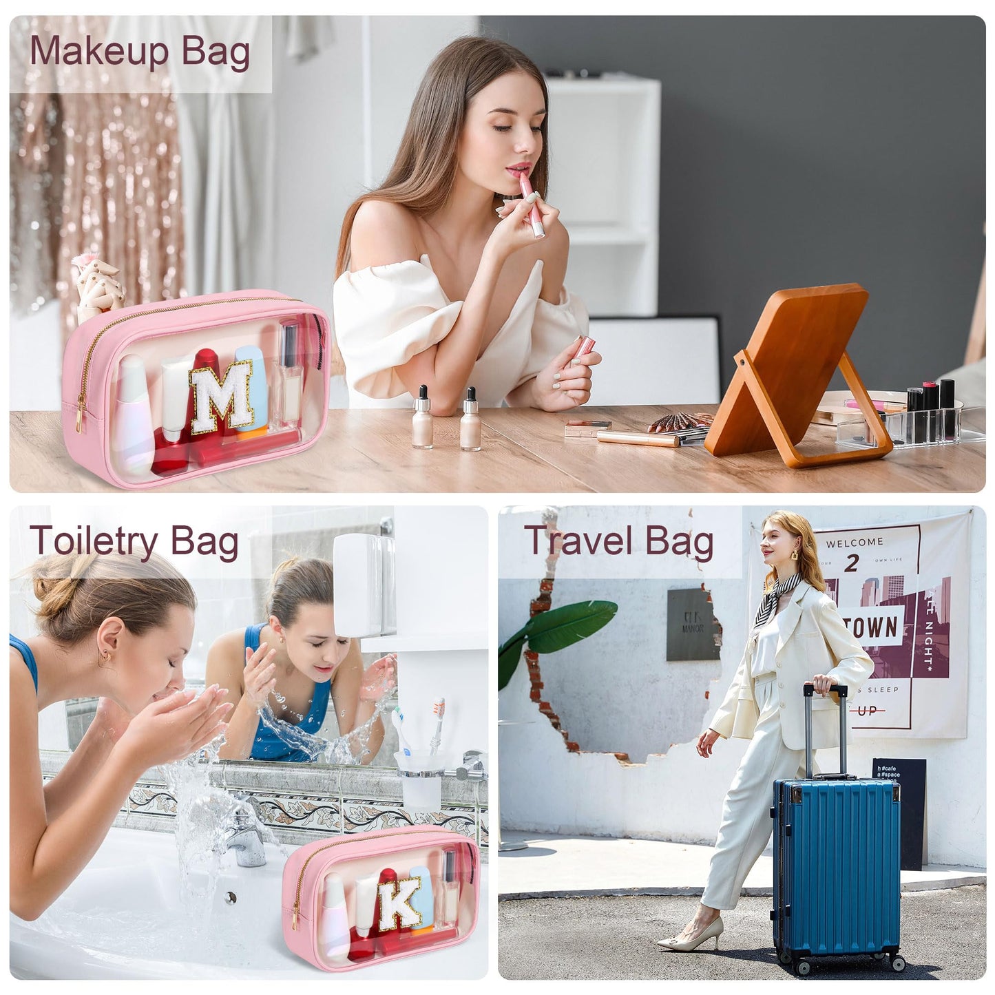 YOOLIFE Graduation & Teacher Gifts – Clear Travel Makeup Bag, Preppy Cosmetic Toiletry Organizer, Pink Gift for Girls, Teens & Girlfriend