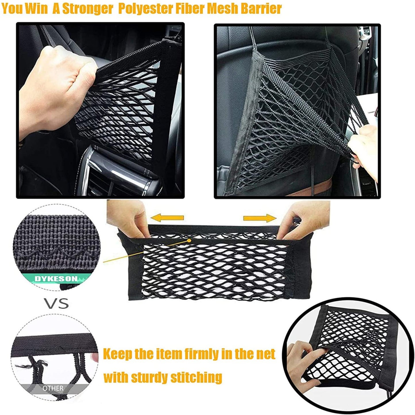 DYKESON Dog Car Net Barrier with Safety Mesh Organizer – Stretchable Storage Bag, Easy Install Car Divider for SUVs & Cars – Safe Driving with Pets & Kids