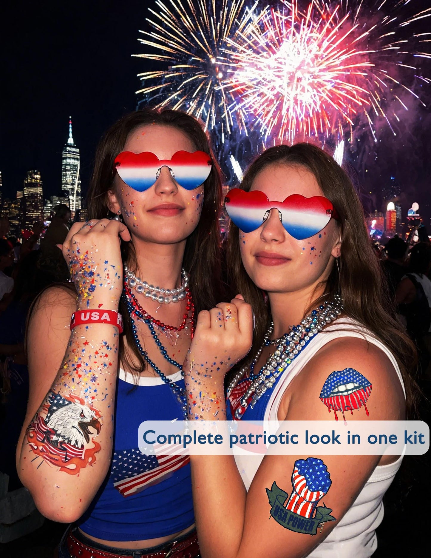 4th of July Accessories Set, 25Pcs Patriotic Outfit Kit with Star Glasses, Beaded Necklaces, Bracelets, Red White Blue Face Glitter Gel, Temporary