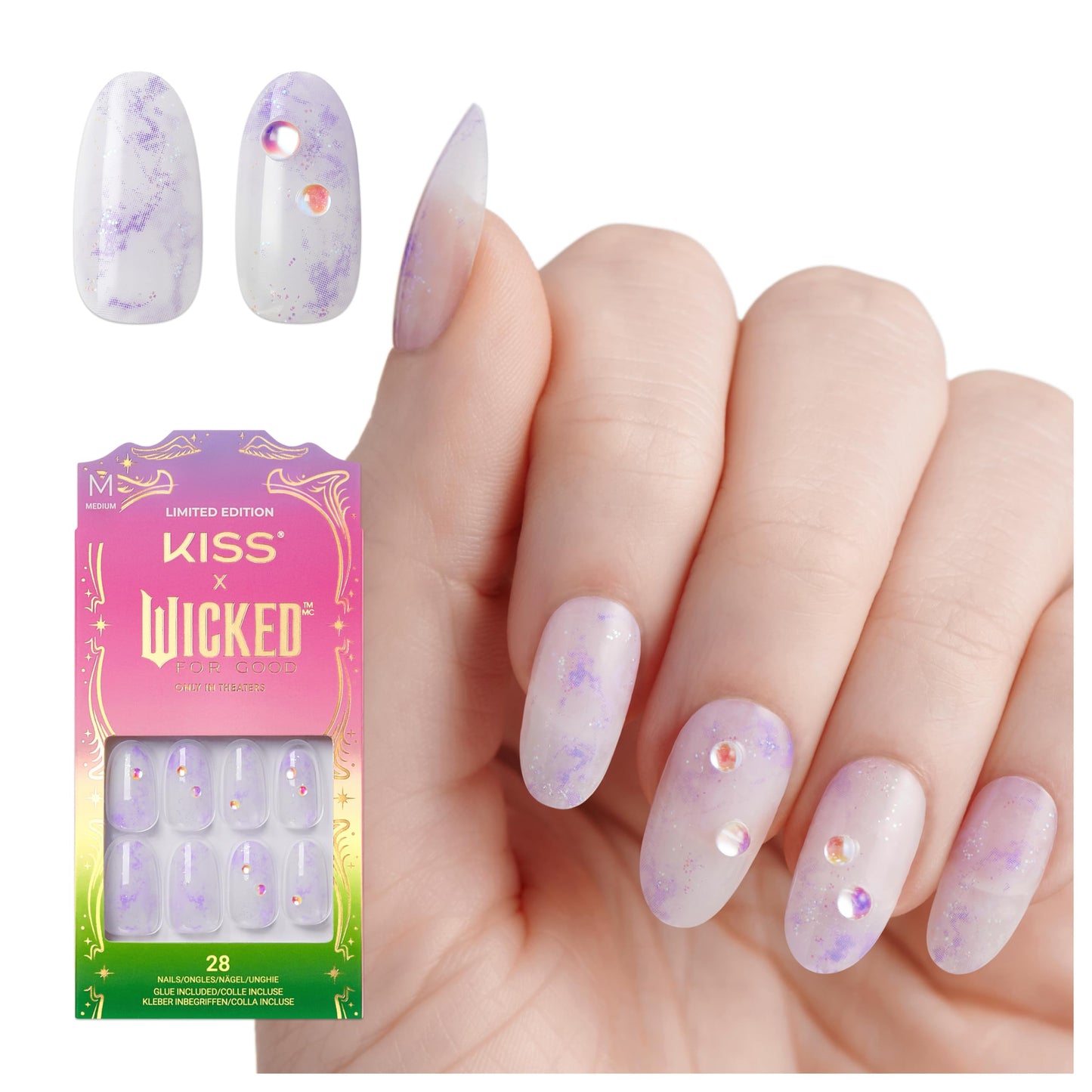 KISS X WICKED: FOR GOOD Press On Nails, ‘Bubble Of Brilliance’, Purple, Medium Oval, Waterproof, Chip Proof, Smudge Proof, 28 Fake Nails, Pink Gel Beauty & Personal Care KISS