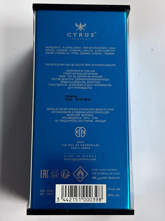 Thallium Anonymous Cologne By Yves De Sistelle 3.3 oz Eau De Toilette Spray For Men - 100% AUTHENTIC