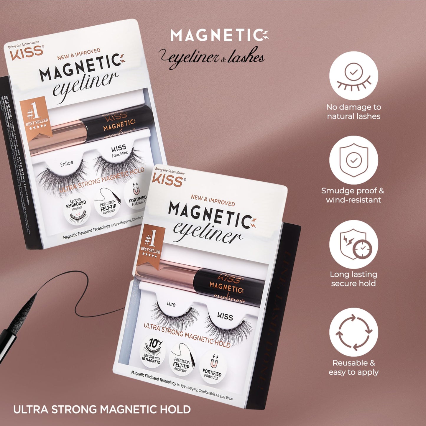 KISS Magnetic False Eyelashes and Eyeliner, ‘Tempt’, 14mm, Easy to Apply, Reusable, No Glue, Flexiband Technology, Precision Felt Tip, Fortified