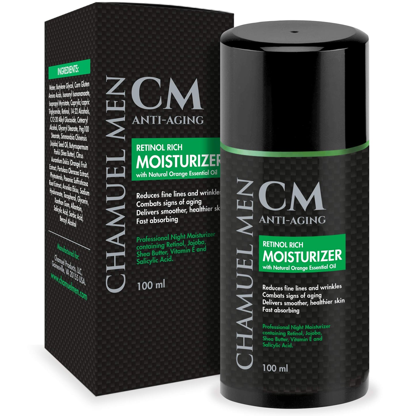 CHAMUEL MEN Daily Face Cream for Men with 2.5% Retinol Anti-Aging Moisturizer for Fine Lines, Dark Spots, and Wrinkles - Overnight Lotion