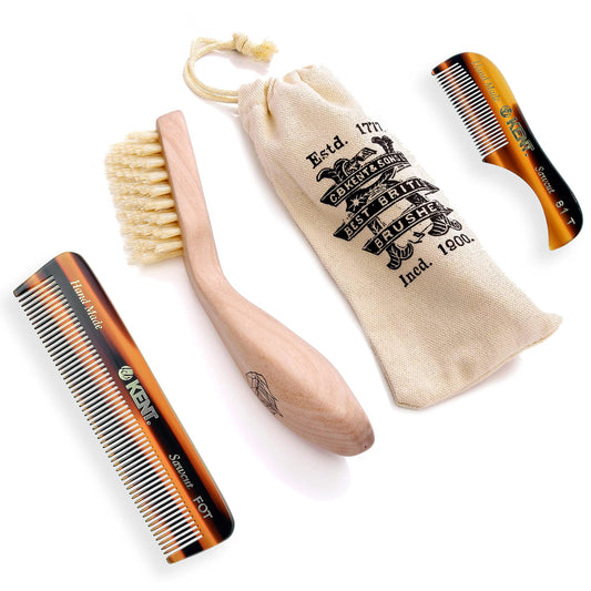 Kent Beard & Mustache Grooming Kit Includes BRD2 White Boar Bristle Beard Brush, 81T Handmade Sawcut Comb, and FOT Fine Tooth Beard Comb for Men’s Beauty and Personal Care KENT