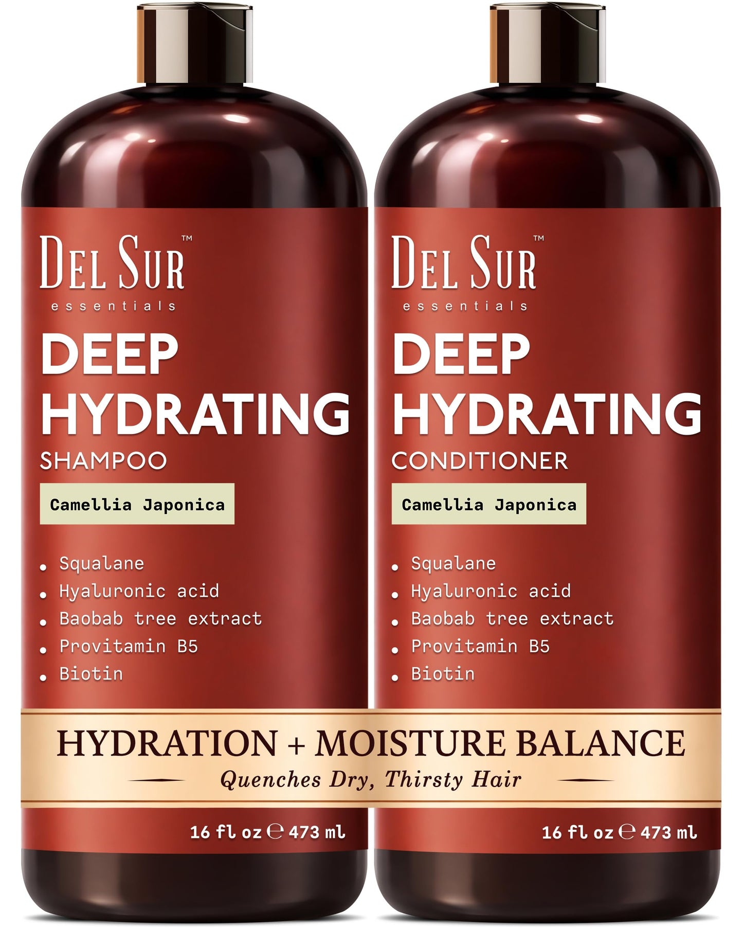DEL SUR Hydrating Shampoo and Conditioner Set | 16 fl oz Each | with Camellia Japonica, Squalane, Hyaluronic Acid, Baobab Extract & Biotin | Deep