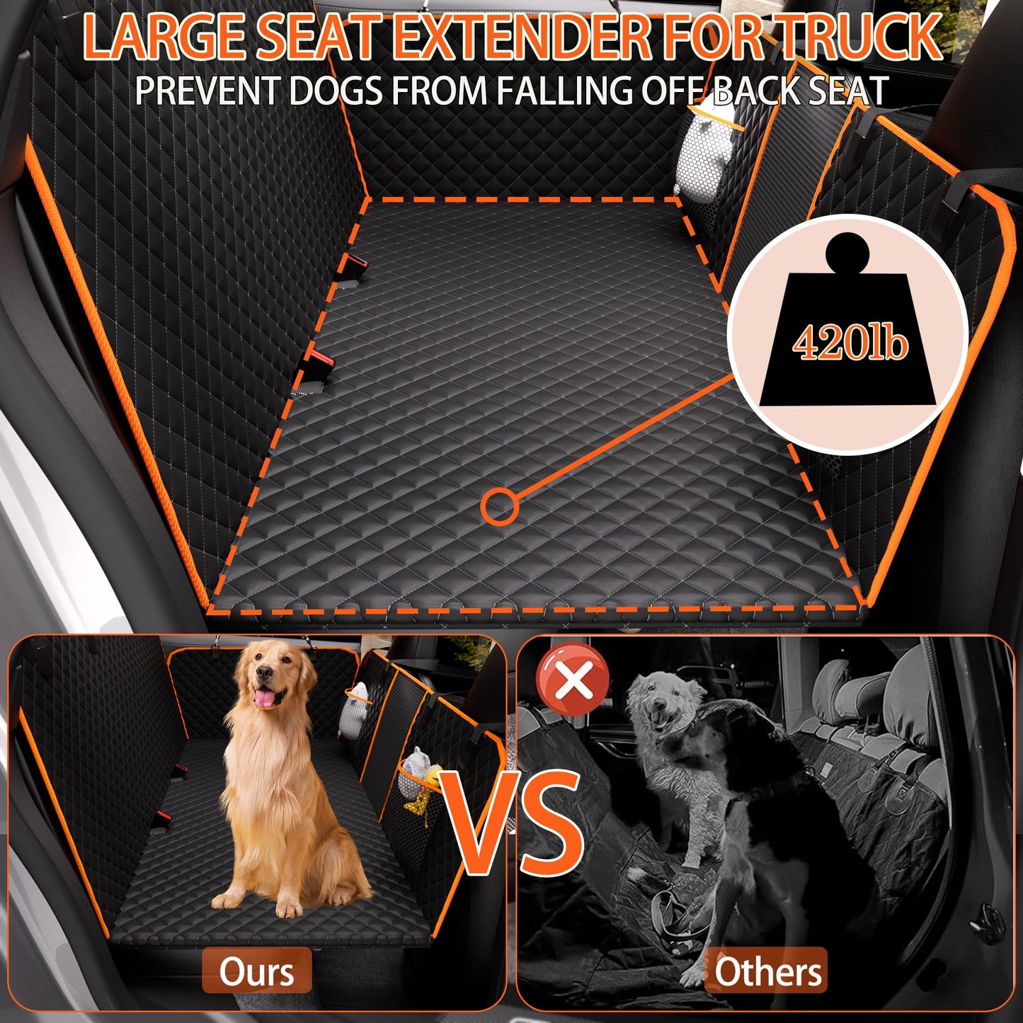 Back Seat Extender for Dogs – Waterproof Car Seat Cover with Hard Bottom, Holds 420lbs, Heavy-Duty 600D Material Dog Hammock, Easy to Install & Clean