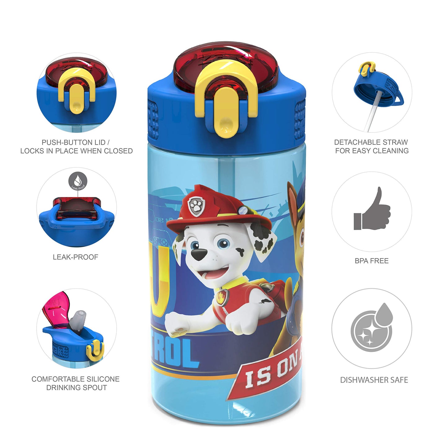 Zak Designs 16oz Kids Durable Plastic Spout Cover and Built-in Carrying Loop, Leak-Proof Water Bottle Design for Travel (16 oz, Paw Patrol