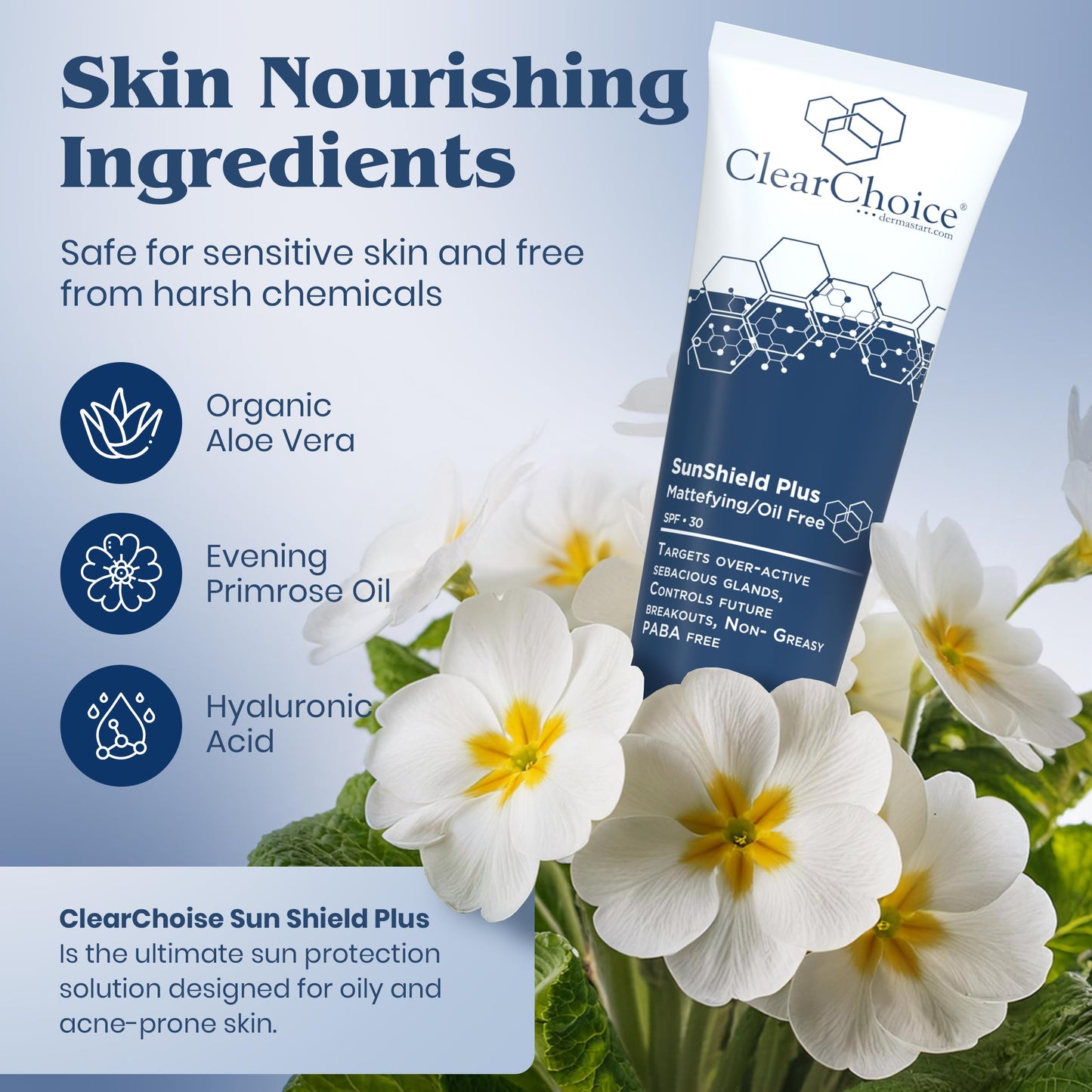 Clear Choice Sun Shield Plus 1.7oz - Non-Greasy Daily Sunscreen for Oily & Acne-Prone Skin, SPF 30, Controls Breakouts & Sebum, PABA-Free with Zinc