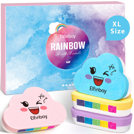 Rainbow Bath Bombs for Kids, 4 XL Kid Bath Bombs with Surprise Colors Inside, Organic Bathbombs for Women, Stocking Stuffers for Kids Christmas Gifts Beauty and Personal Care Elfinbay