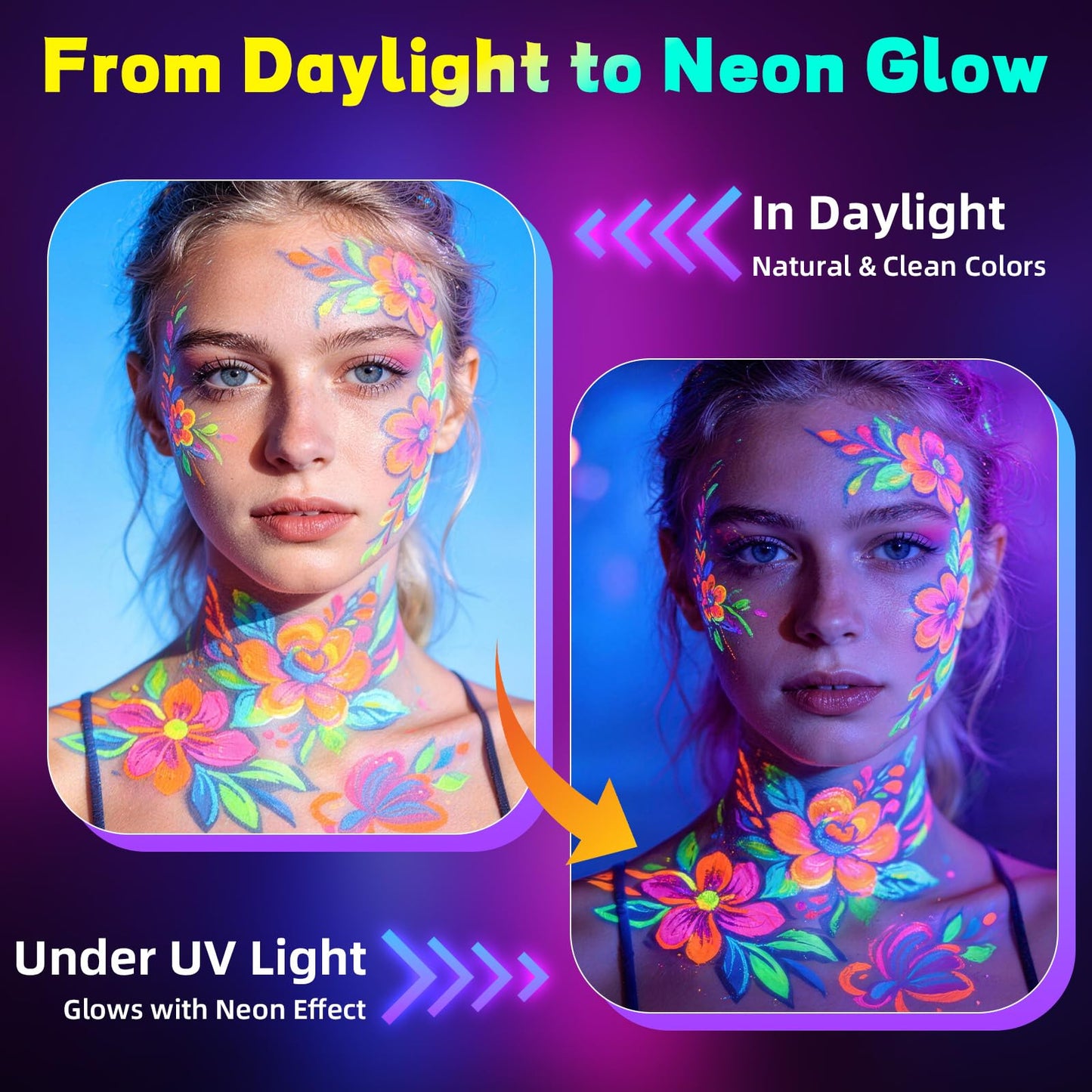 10 Colors Glow in the Dark Body Paint Markers, Neon Face & Body Paint Set, UV Light Reactive Paint for Parties, Halloween, Cosplay, Washable Paint