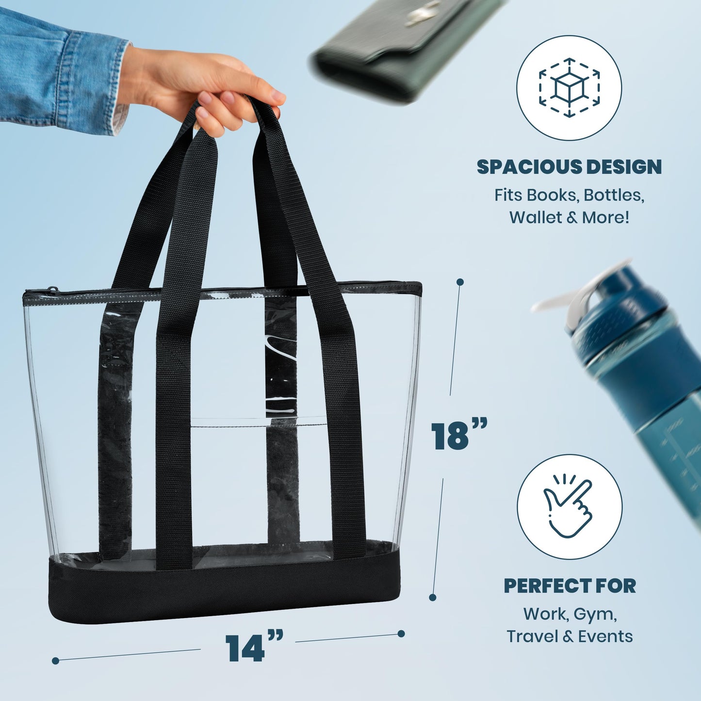 Handy Laundry Clear Tote Bag - Zipper Closure, Long Shoulder Strap, Fabric Trimming. (Black)
