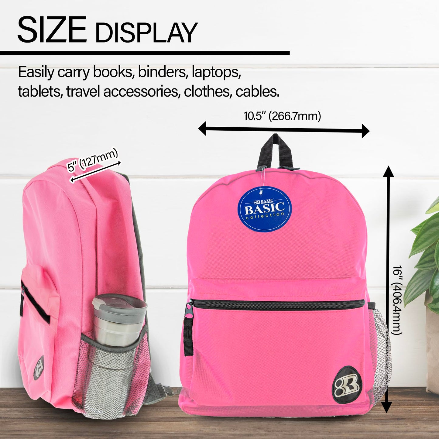 BAZIC School Backpack 16" Fuchsia, Lightweight School Bag Padded Back & Adjustable Strap for Students, Travel Bag Fit A4 Notebook, 1-Pack