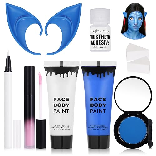 8pcs Avatar Makeup Kit,Navy Blue White Face Paint, Royal Blue Face Paint for Smurf Mystique Cosplay,Lip Gloss,White UV Eyeliner, Short Elf Ears,Single