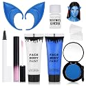 8pcs Avatar Makeup Kit,Navy Blue White Face Paint, Royal Blue Face Paint for Smurf Mystique Cosplay,Lip Gloss,White UV Eyeliner, Short Elf Ears,Single