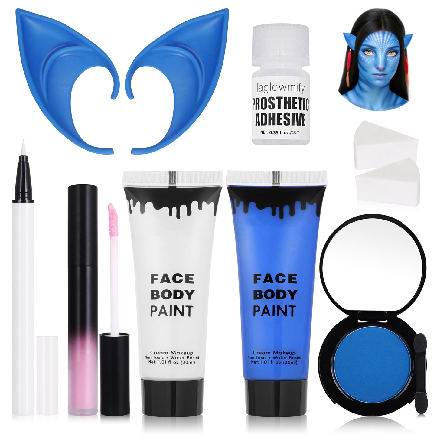 8pcs Avatar Makeup Kit,Navy Blue White Face Paint, Royal Blue Face Paint for Smurf Mystique Cosplay,Lip Gloss,White UV Eyeliner, Short Elf Ears,Single