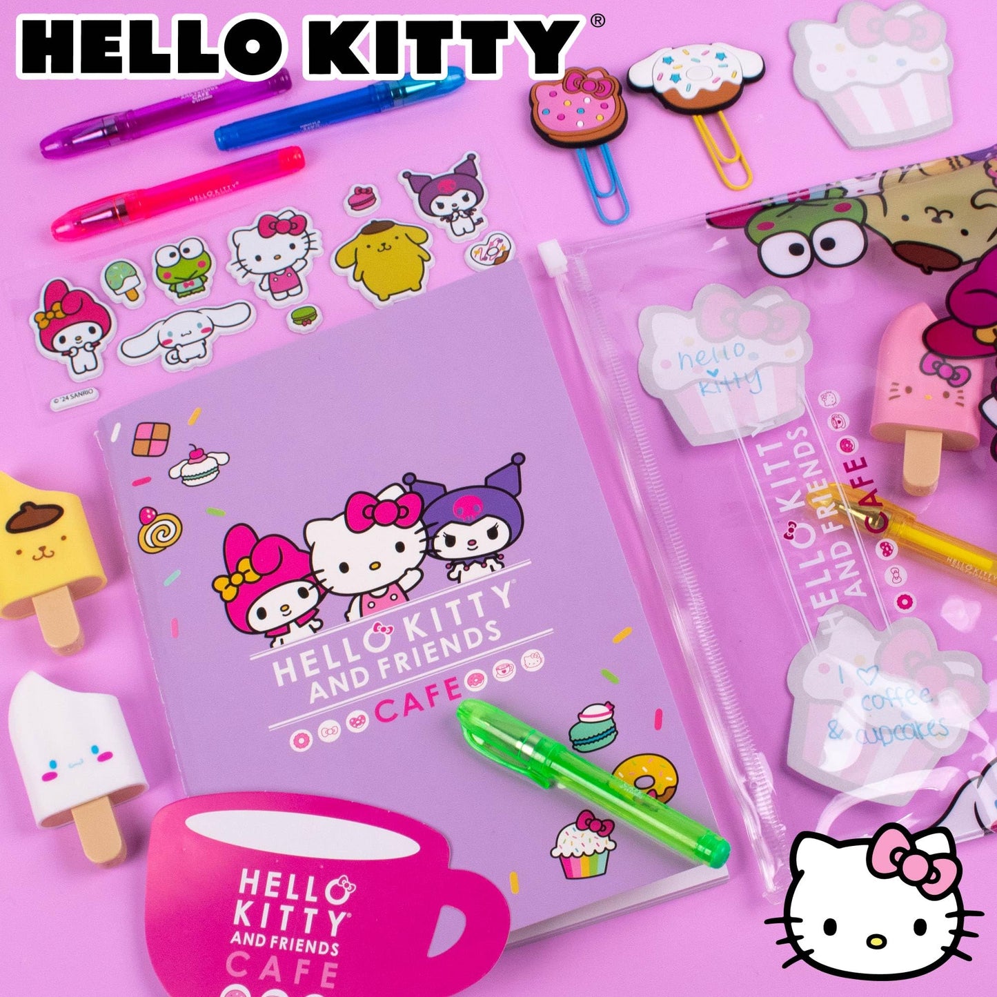 Hello Kitty 22-Pc Kawaii Stationery Set – Cute Sanrio School Supplies with Notebook, Pens, Stickers & More, Collectible Gift for Ages 4+