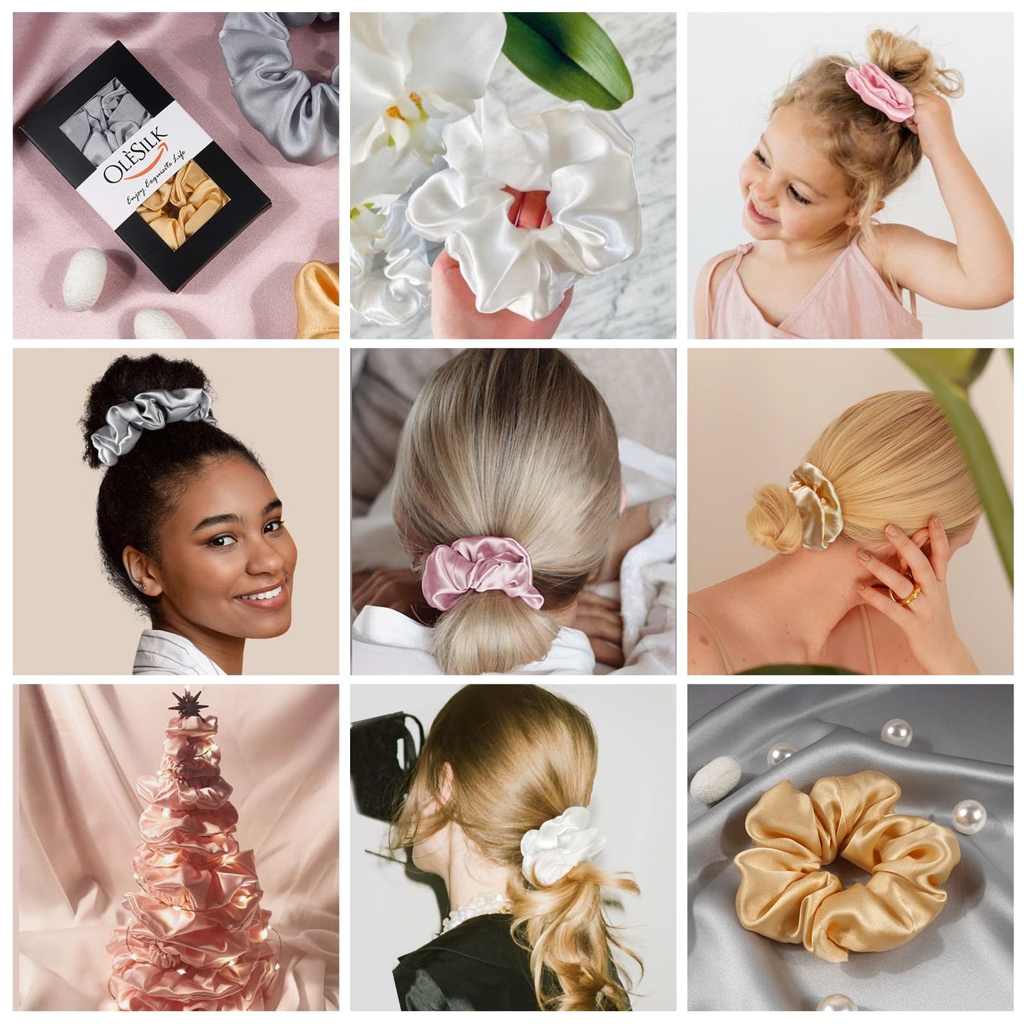 OLESILK 100% Mulberry Silk-Scrunchies for Hair Sleep, Women Grils Silk Hair Ties for Frizz & Breakage Curly Hair, No Damage, Elastics Ponytail Holder Beauty and Personal Care OLESILK